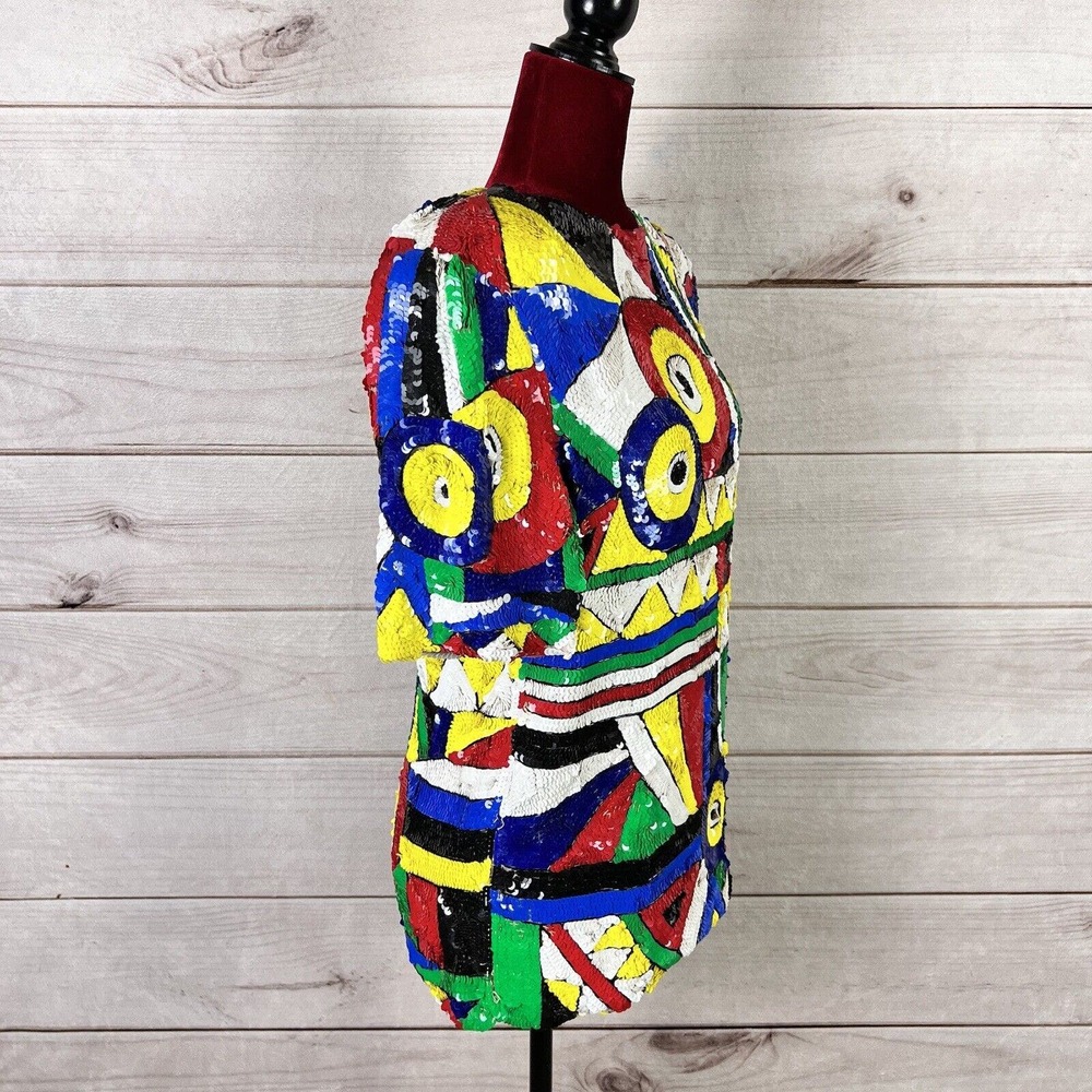 Vtg Cache Sequin 80s Color Block Blouse Shoulder … - image 3